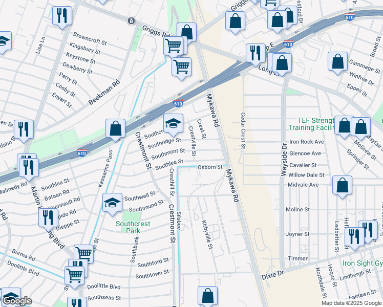 map of restaurants, bars, coffee shops, grocery stores, and more near 6011 Southlea Street in Houston