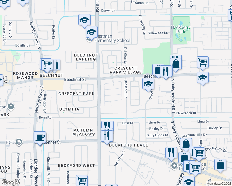 map of restaurants, bars, coffee shops, grocery stores, and more near 13003 Dawn Hollow Lane in Houston