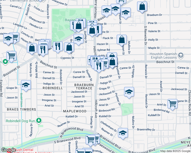 map of restaurants, bars, coffee shops, grocery stores, and more near 8510 Hillcroft Street in Houston