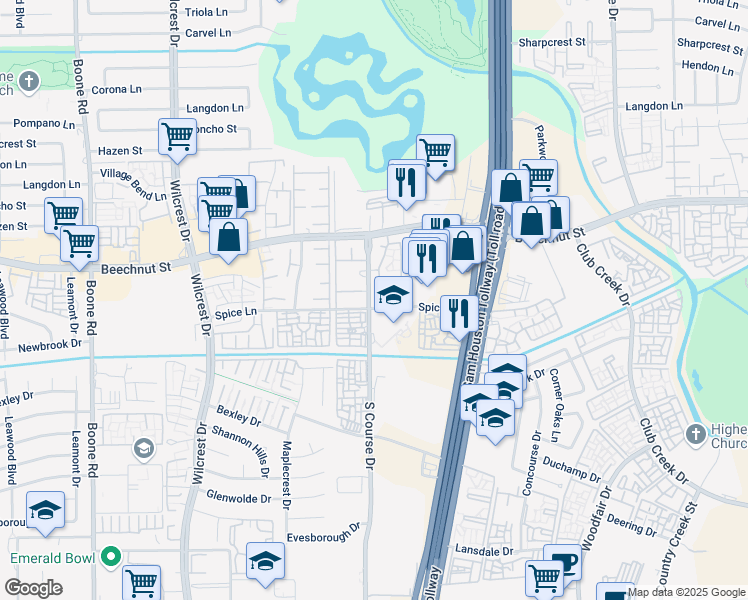 map of restaurants, bars, coffee shops, grocery stores, and more near 7 Spice Lane in Houston