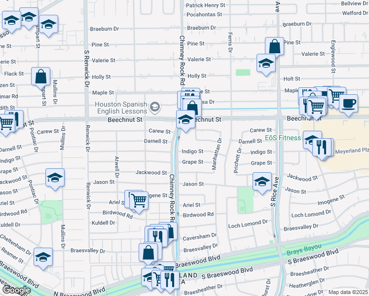 map of restaurants, bars, coffee shops, grocery stores, and more near 5255 Indigo Street in Houston
