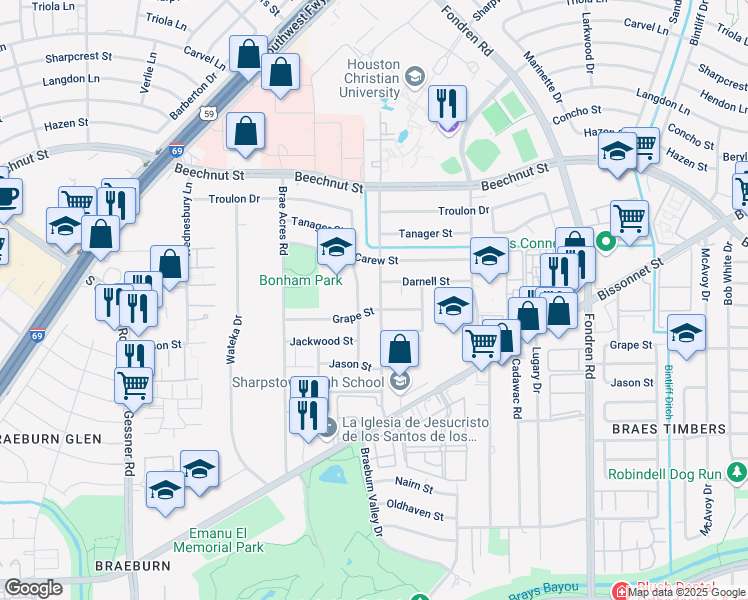 map of restaurants, bars, coffee shops, grocery stores, and more near 8419 Braes River Drive in Houston