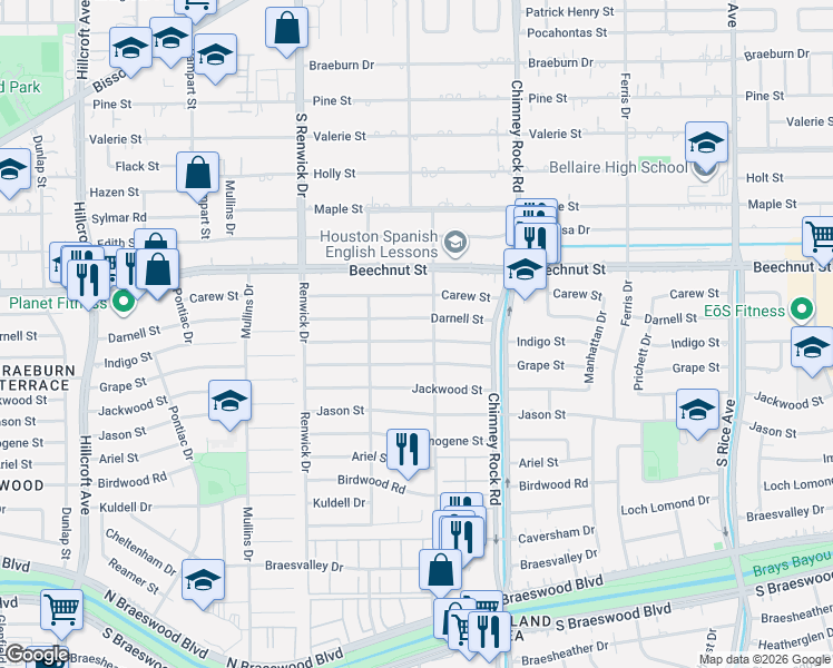 map of restaurants, bars, coffee shops, grocery stores, and more near 5403 Indigo Street in Houston