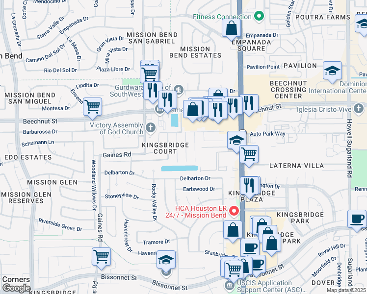 map of restaurants, bars, coffee shops, grocery stores, and more near 8311 Wahl Manor Court in Houston