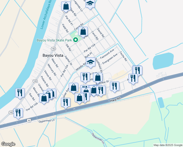 map of restaurants, bars, coffee shops, grocery stores, and more near 1155 Delmar Avenue in Morgan City