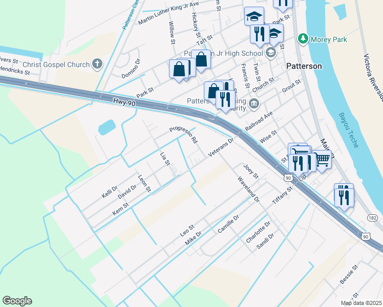map of restaurants, bars, coffee shops, grocery stores, and more near 326-404 Veterans Dr in Patterson