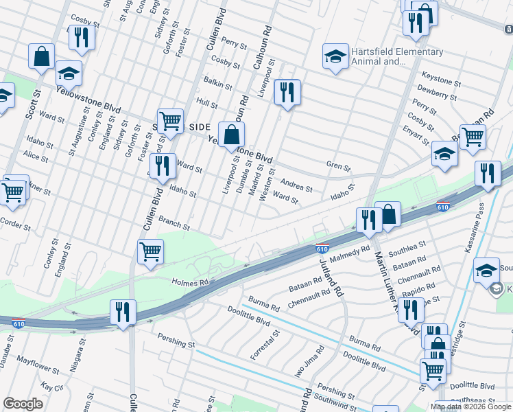 map of restaurants, bars, coffee shops, grocery stores, and more near 4907 Idaho Street in Houston