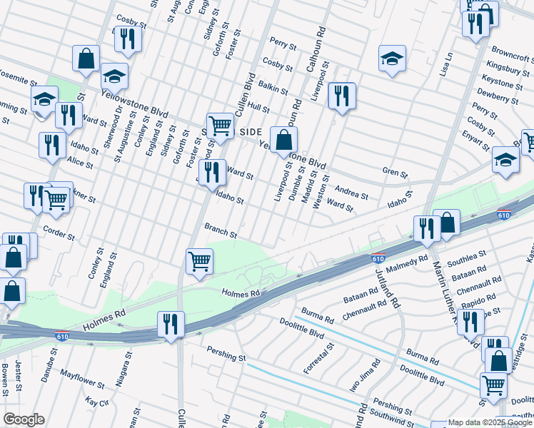 map of restaurants, bars, coffee shops, grocery stores, and more near 6915 Liverpool Street in Houston