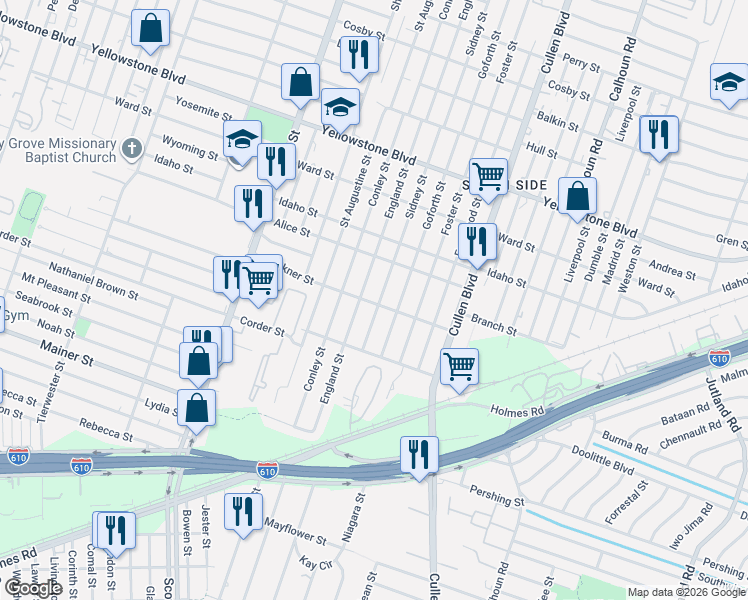 map of restaurants, bars, coffee shops, grocery stores, and more near 7101 Sidney Street in Houston