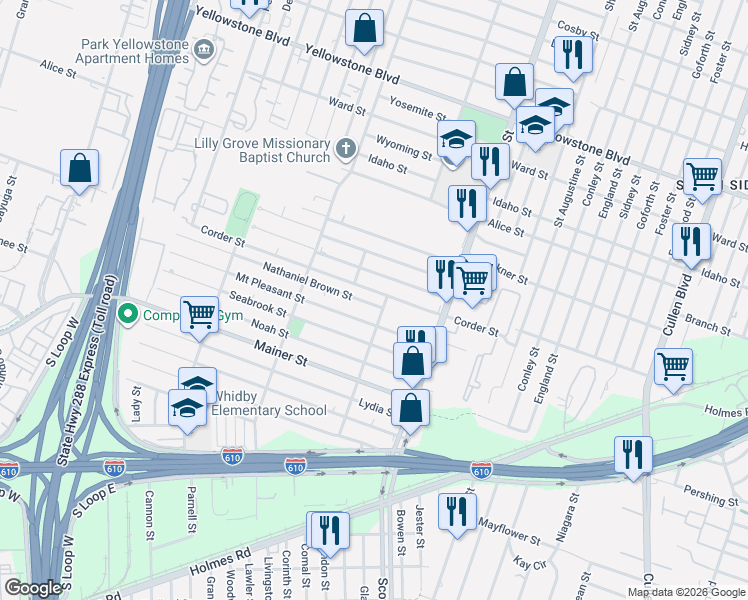 map of restaurants, bars, coffee shops, grocery stores, and more near 7209 La Salette Street in Houston