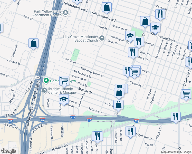 map of restaurants, bars, coffee shops, grocery stores, and more near 3622 Mount Pleasant Street in Houston