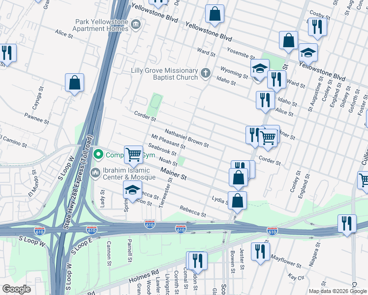 map of restaurants, bars, coffee shops, grocery stores, and more near 3622 Mount Pleasant Street in Houston