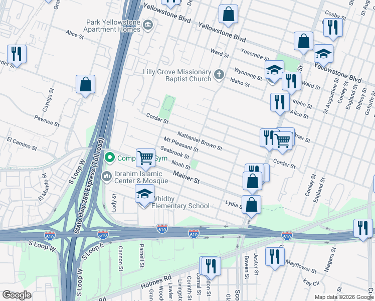 map of restaurants, bars, coffee shops, grocery stores, and more near 3569 Seabrook Street in Houston