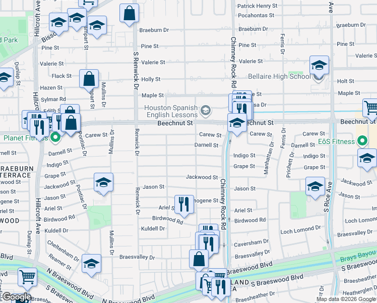 map of restaurants, bars, coffee shops, grocery stores, and more near 5403 Indigo Street in Houston
