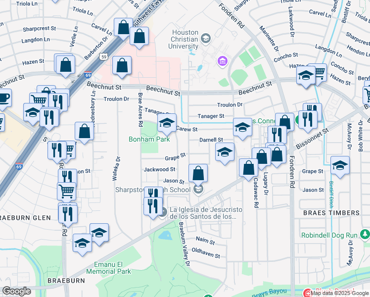 map of restaurants, bars, coffee shops, grocery stores, and more near 8419 Braes River Drive in Houston