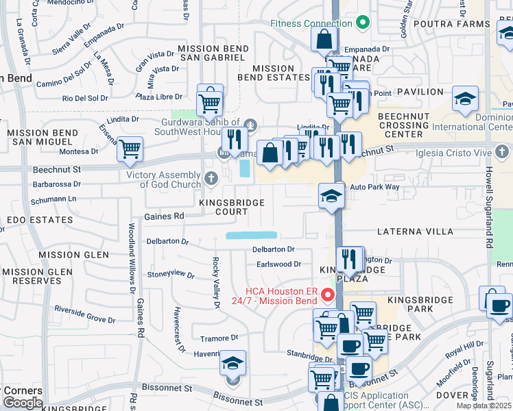 map of restaurants, bars, coffee shops, grocery stores, and more near 8311 Wahl Manor Court in Houston