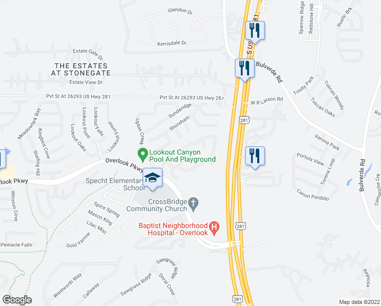 map of restaurants, bars, coffee shops, grocery stores, and more near 2031 Laurel Park in San Antonio