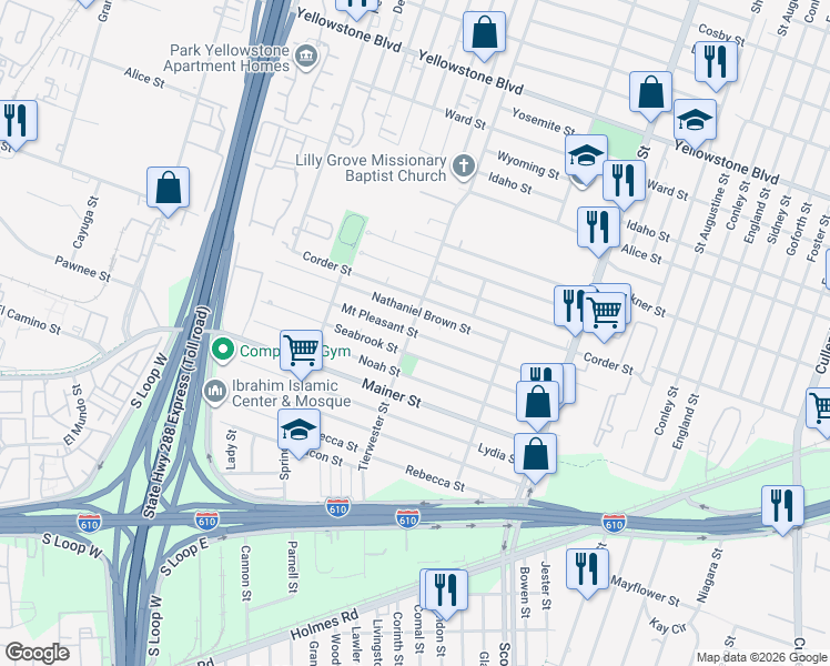 map of restaurants, bars, coffee shops, grocery stores, and more near 3622 Mount Pleasant Street in Houston