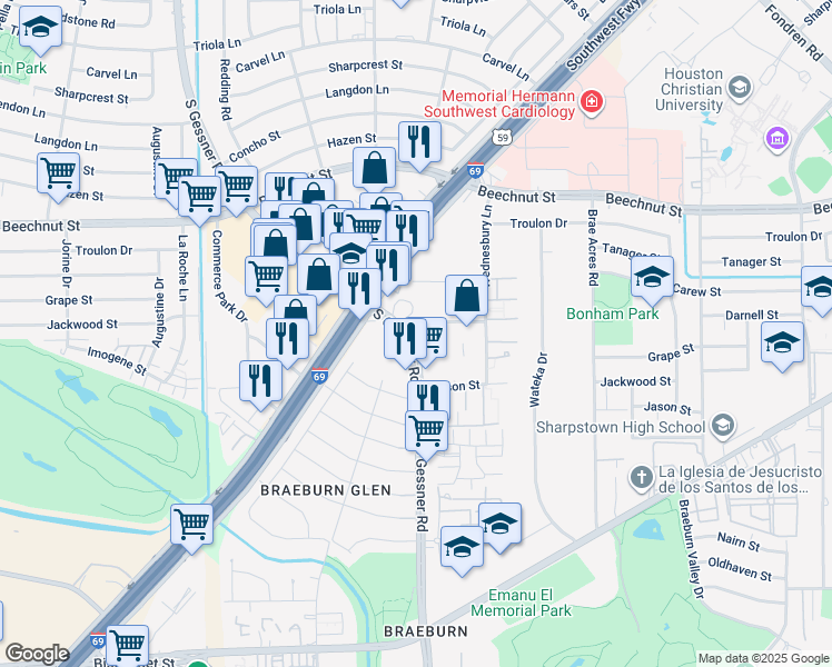 map of restaurants, bars, coffee shops, grocery stores, and more near 8701 South Gessner Road in Houston