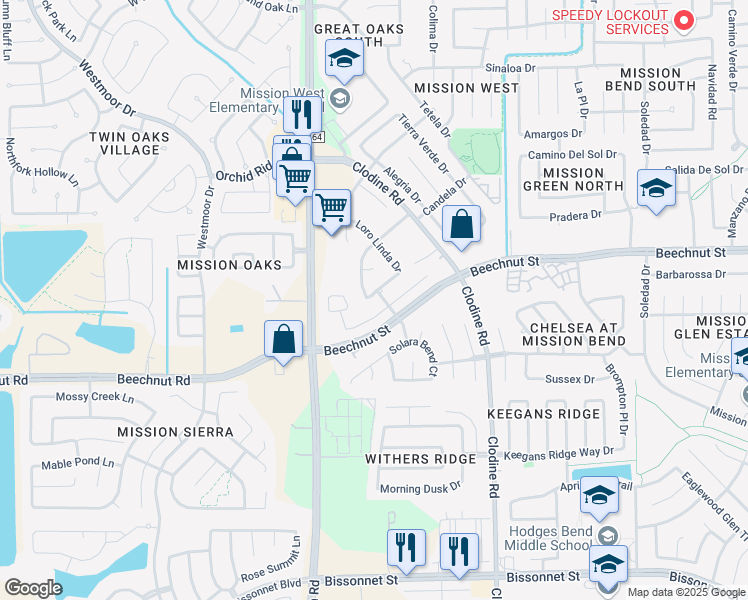 map of restaurants, bars, coffee shops, grocery stores, and more near 17343 Gaucho Drive in Houston