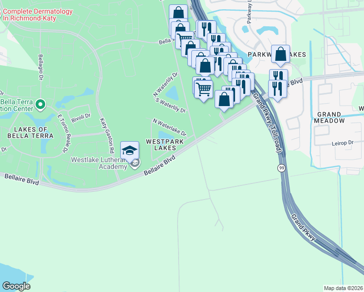 map of restaurants, bars, coffee shops, grocery stores, and more near 23027 South Waterlake in Richmond