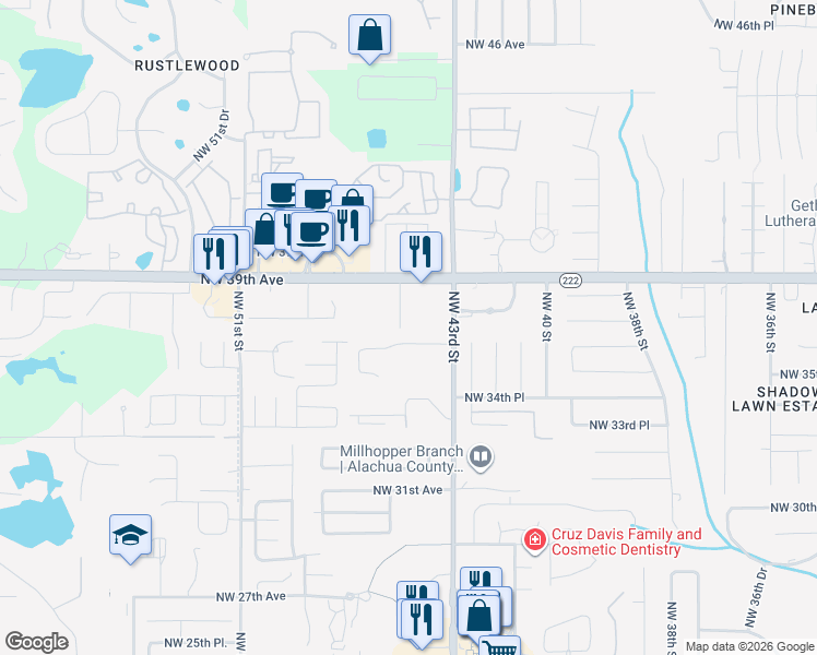 map of restaurants, bars, coffee shops, grocery stores, and more near 4420 Northwest 36th Avenue in Gainesville