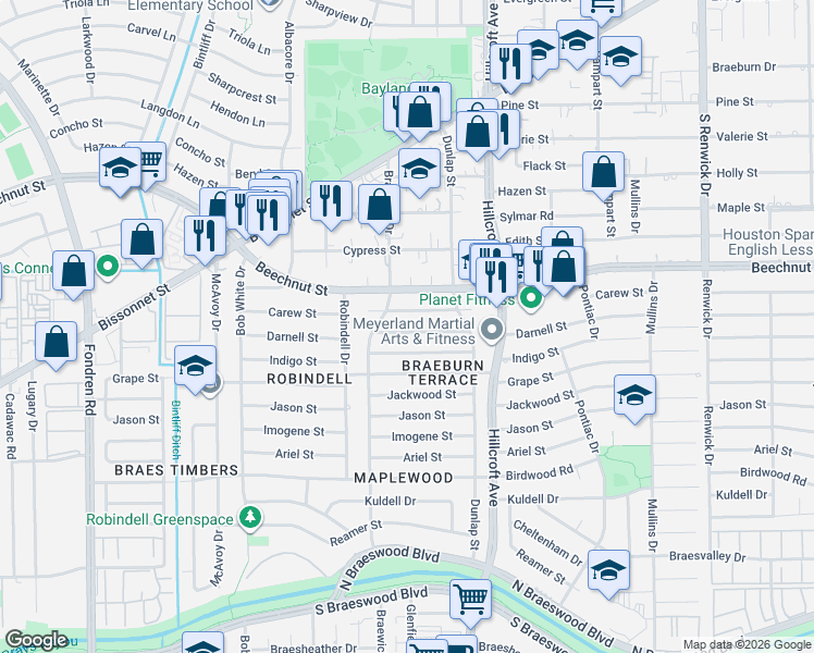 map of restaurants, bars, coffee shops, grocery stores, and more near 5905 Darnell Street in Houston