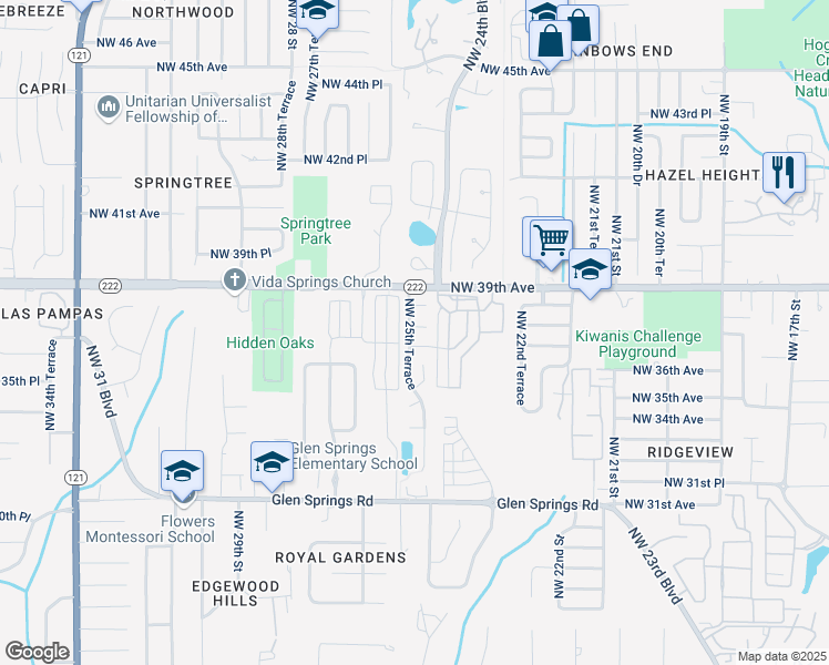 map of restaurants, bars, coffee shops, grocery stores, and more near 2527 Northwest 37th Place in Gainesville