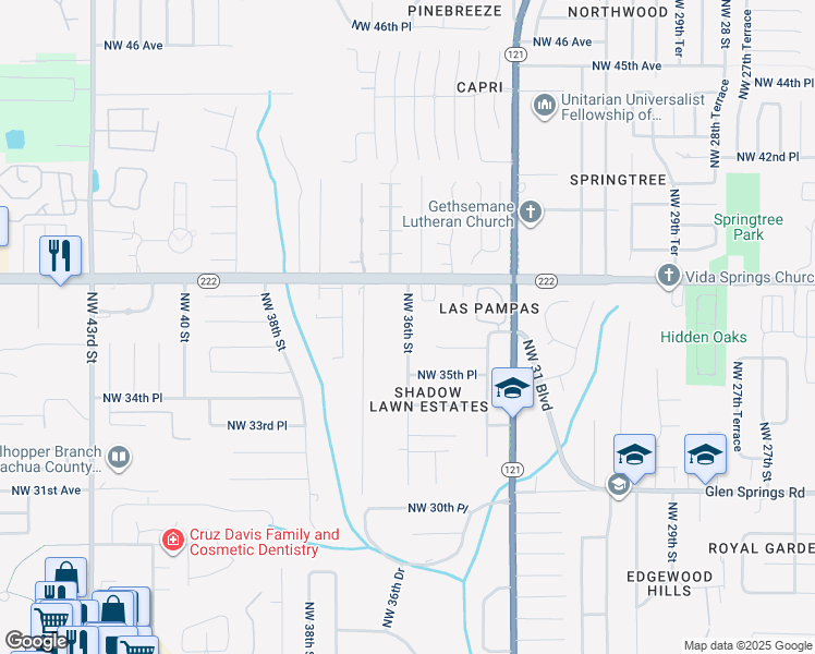 map of restaurants, bars, coffee shops, grocery stores, and more near 3600 Northwest 36th Street in Gainesville