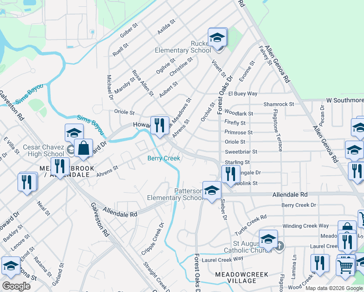 map of restaurants, bars, coffee shops, grocery stores, and more near 9010 Howard Drive in Houston
