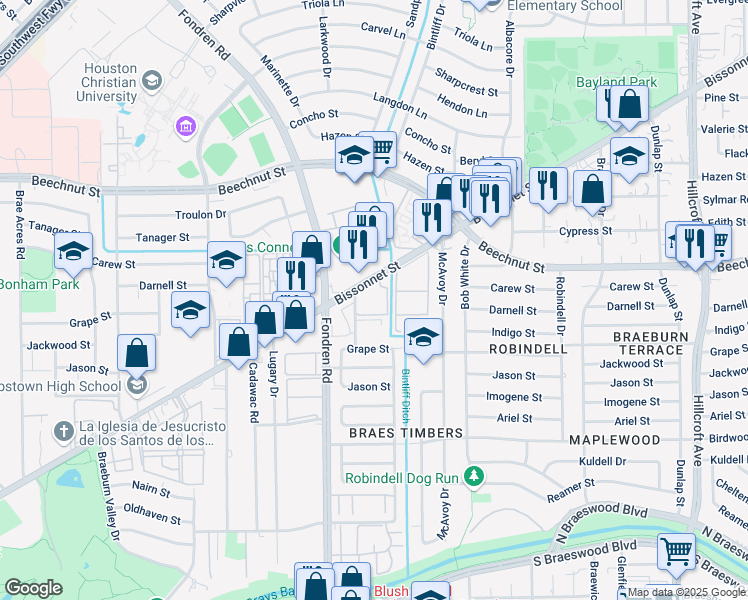 map of restaurants, bars, coffee shops, grocery stores, and more near 8555 Larkwood Drive in Houston