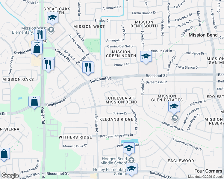 map of restaurants, bars, coffee shops, grocery stores, and more near 8206 Worthington Drive in Houston