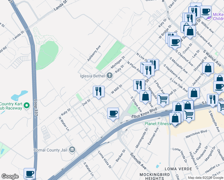 map of restaurants, bars, coffee shops, grocery stores, and more near 2248 West San Antonio Street in New Braunfels