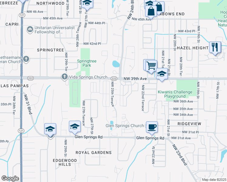 map of restaurants, bars, coffee shops, grocery stores, and more near 2527 Northwest 37th Place in Gainesville