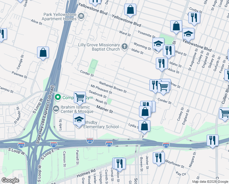 map of restaurants, bars, coffee shops, grocery stores, and more near 3622 Mount Pleasant Street in Houston