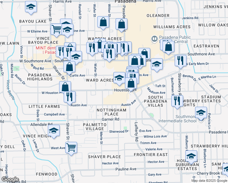 map of restaurants, bars, coffee shops, grocery stores, and more near 902 Houston Avenue in Pasadena