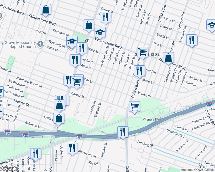 map of restaurants, bars, coffee shops, grocery stores, and more near 7108 England Street in Houston