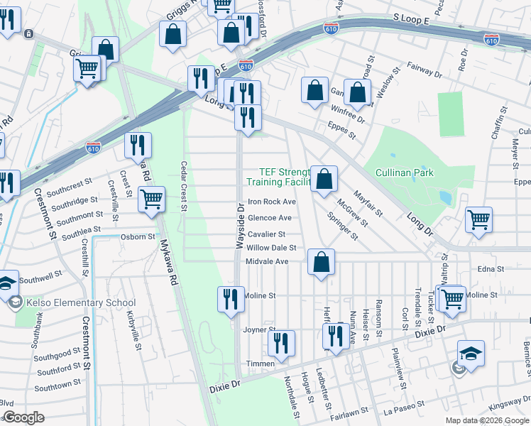 map of restaurants, bars, coffee shops, grocery stores, and more near 6310 Glencoe Avenue in Houston