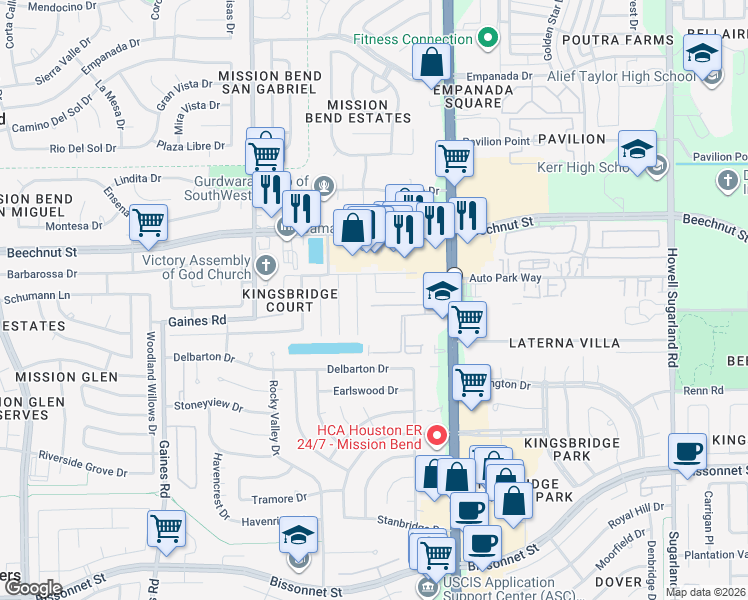 map of restaurants, bars, coffee shops, grocery stores, and more near 8311 Castle Crest Court in Houston