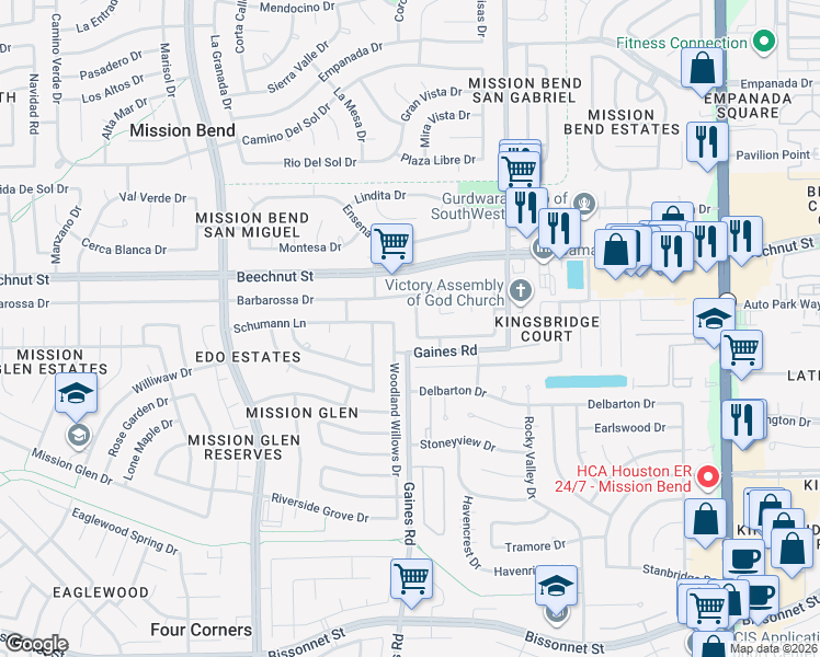 map of restaurants, bars, coffee shops, grocery stores, and more near 8227 Woodland Willows Drive in Houston