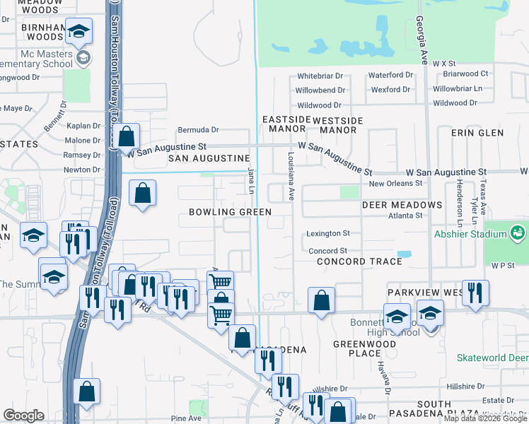 map of restaurants, bars, coffee shops, grocery stores, and more near 4274 Tiny Hur Drive in Pasadena