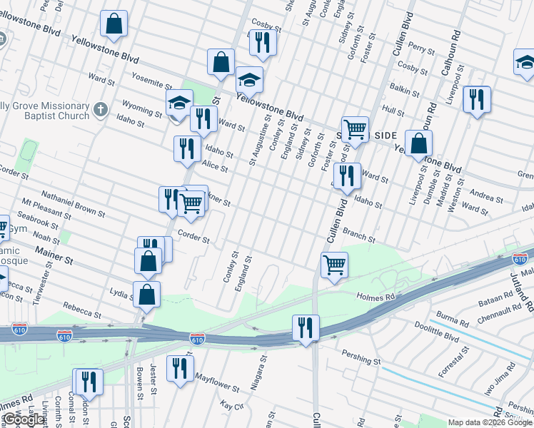 map of restaurants, bars, coffee shops, grocery stores, and more near 7108 England Street in Houston