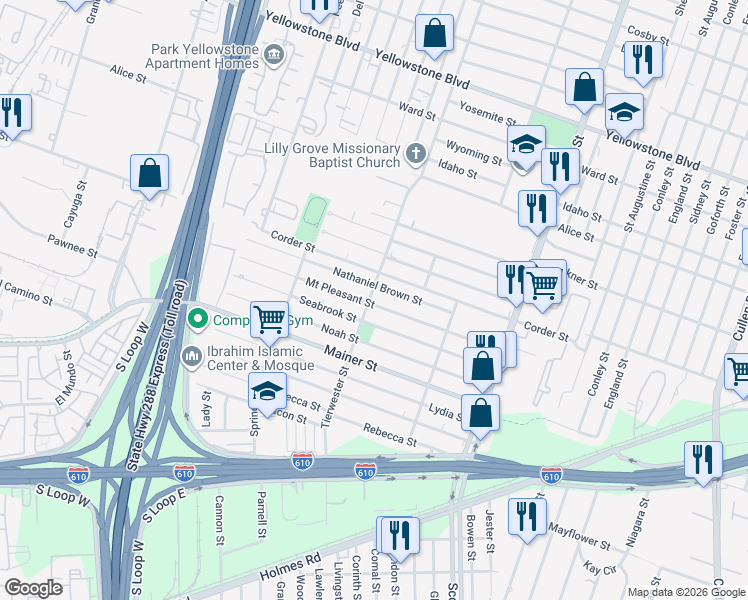 map of restaurants, bars, coffee shops, grocery stores, and more near 3622 Mount Pleasant Street in Houston