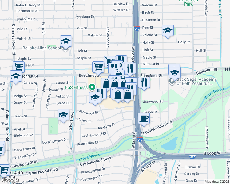 map of restaurants, bars, coffee shops, grocery stores, and more near 555 Meyerland Plaza in Houston