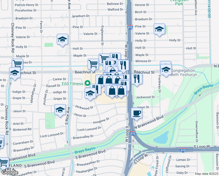 map of restaurants, bars, coffee shops, grocery stores, and more near 555 Meyerland Plaza in Houston