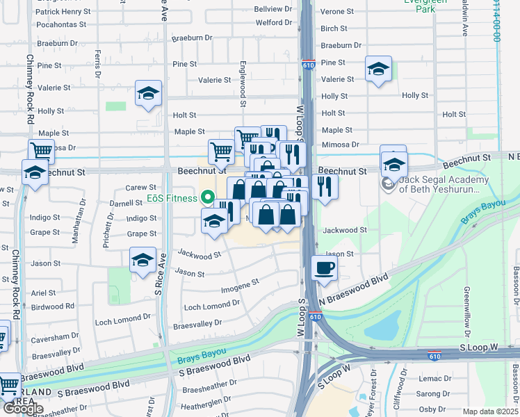 map of restaurants, bars, coffee shops, grocery stores, and more near 420 Meyerland Plaza in Houston