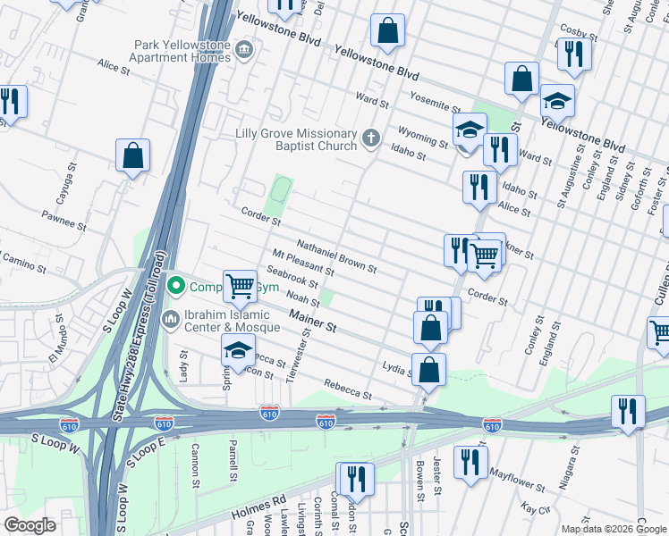 map of restaurants, bars, coffee shops, grocery stores, and more near 3622 Mount Pleasant Street in Houston