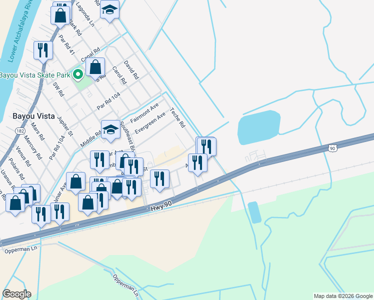 map of restaurants, bars, coffee shops, grocery stores, and more near 1300 Arbor Circle in Morgan City