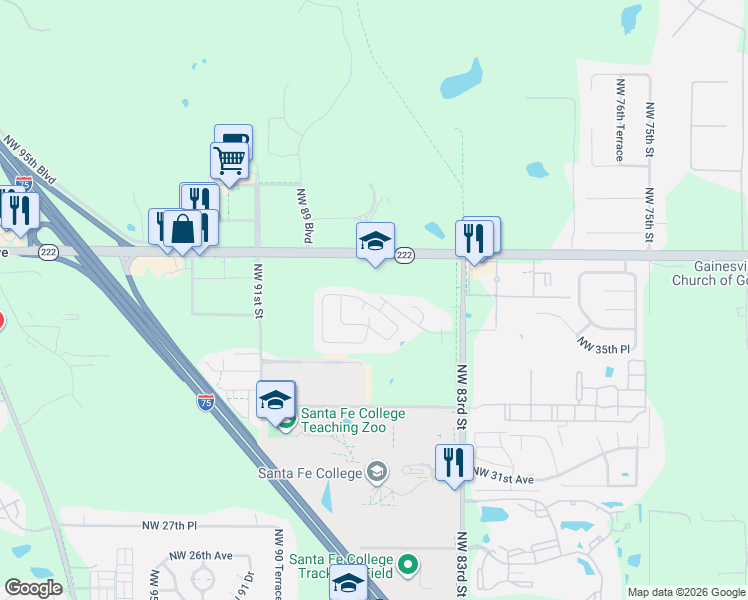 map of restaurants, bars, coffee shops, grocery stores, and more near 8617 Northwest 35 Road in Gainesville