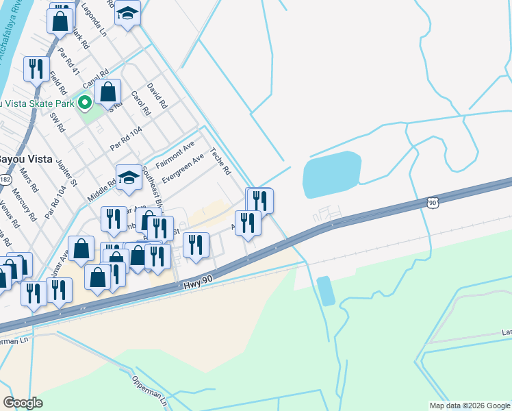 map of restaurants, bars, coffee shops, grocery stores, and more near 805-849 Arlington Street in Morgan City